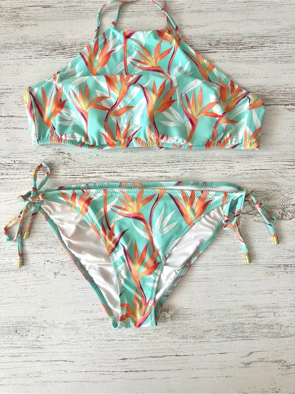 HELEN JON High Neck Halter String Bikini Set L Tropical Botanical